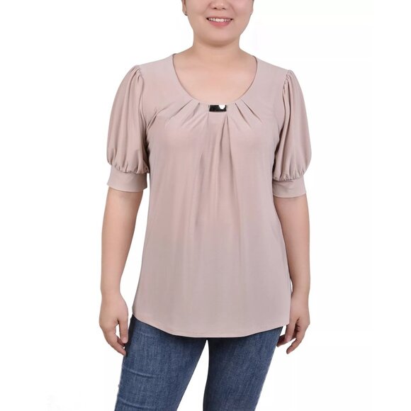 NY Collection Women's Short Balloon Sleeve Top with Hardware Tan Size 1X NWT - Picture 1 of 3